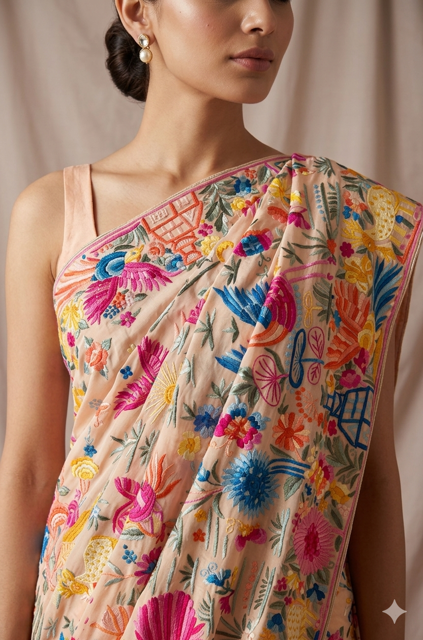 Flora and Fauna Parsi Gara Allover Hand Embroidered Saree on Pure Crepe