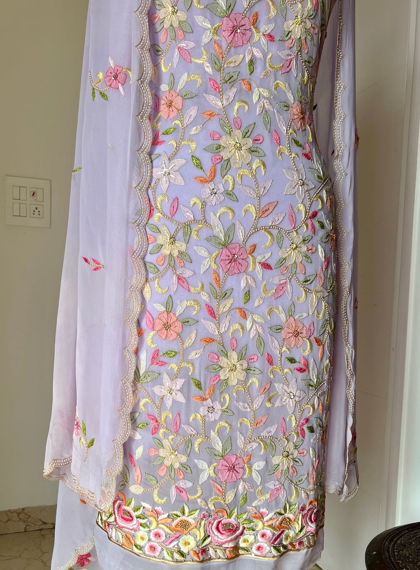Lavender Resham Chikankari Parsi Gara and pearl work suit