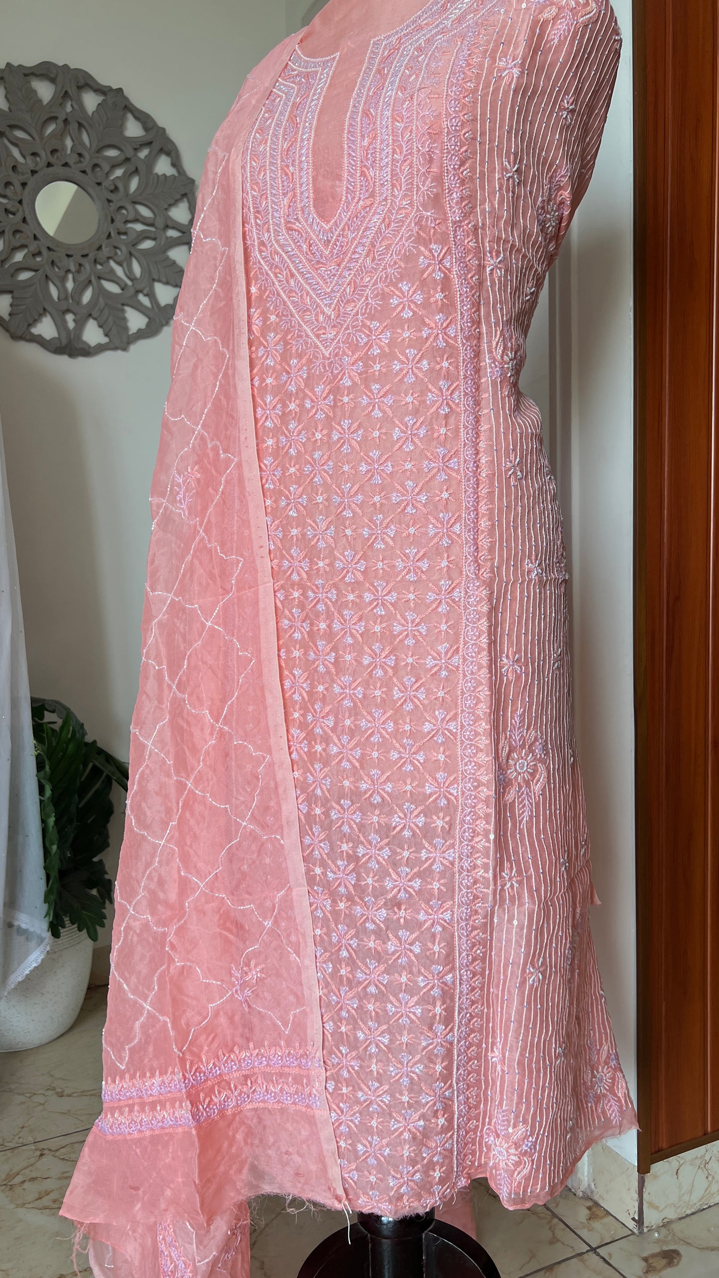 Ruhani Gajri Pink Chikankari & heavy Sequins pure Organza kurta with dupatta