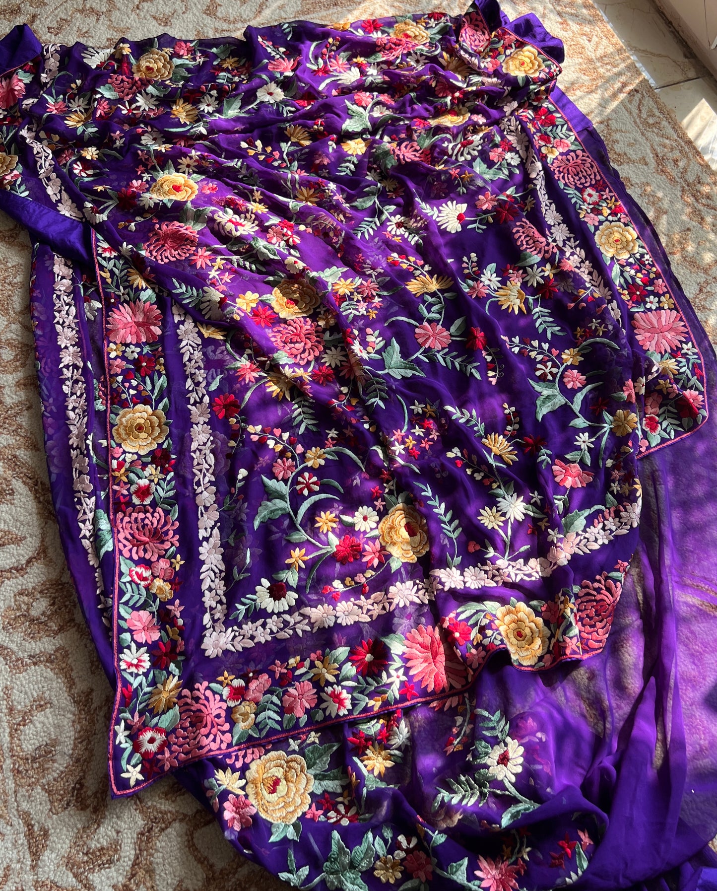 Aubergine purple floral Masterpiece Parsi Gara Pure Georgette Saree