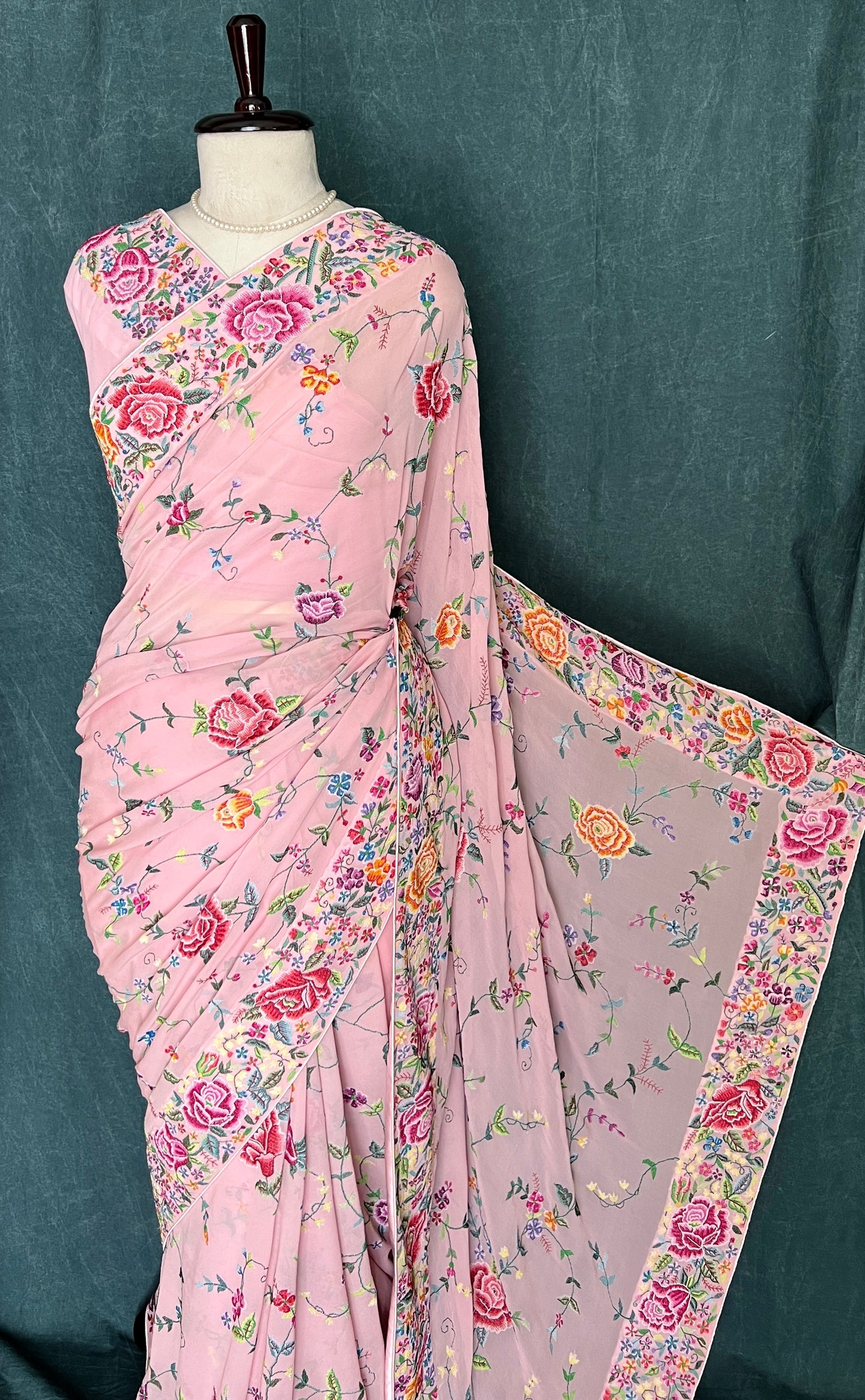 Blush Pink Masterpiece Petit Point Hand Embroidered Saree