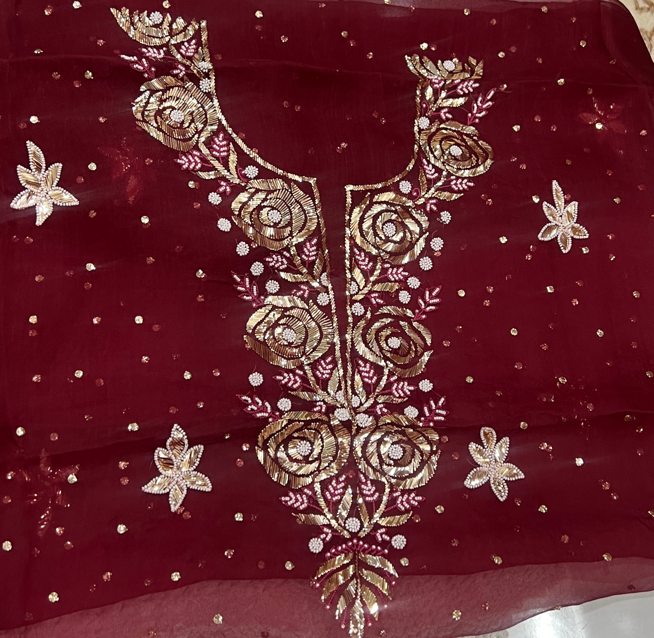 Maroon Badla and Mukaish work pure Organza kurta with dupatta