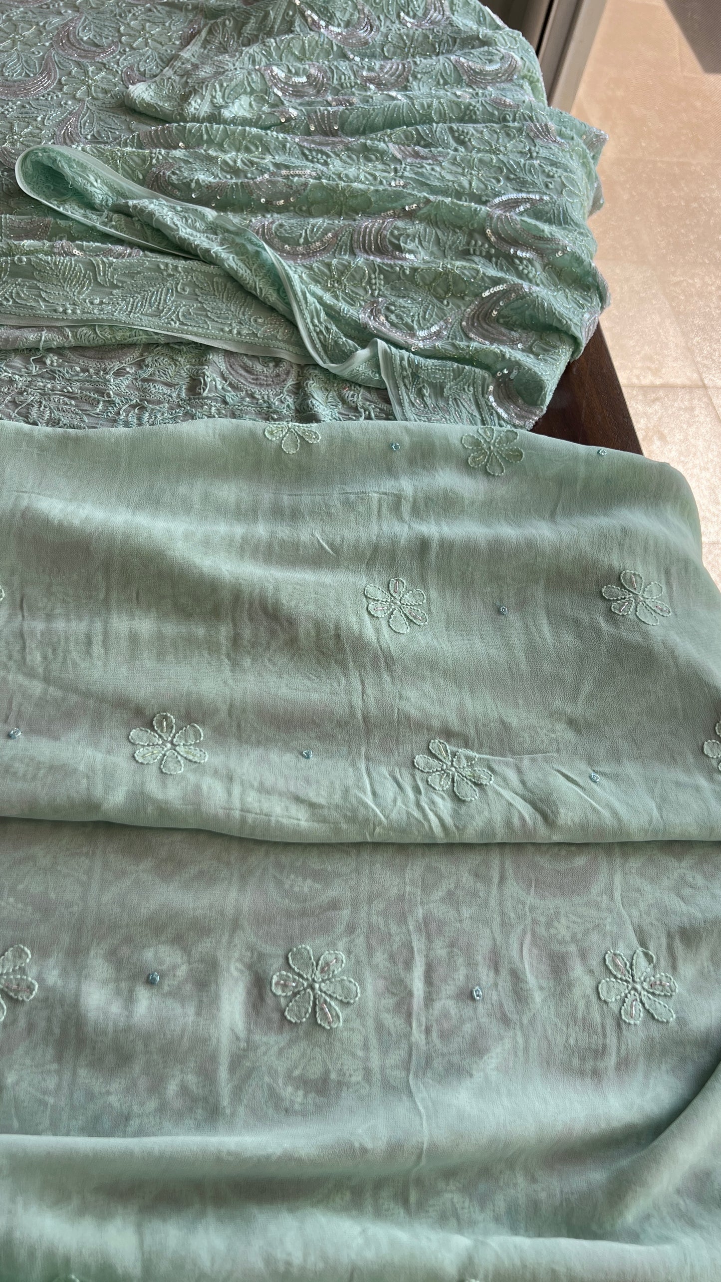 Mint Green Chikankari multi cut Dana and Sequins work Kurta with Jaal Dupatta