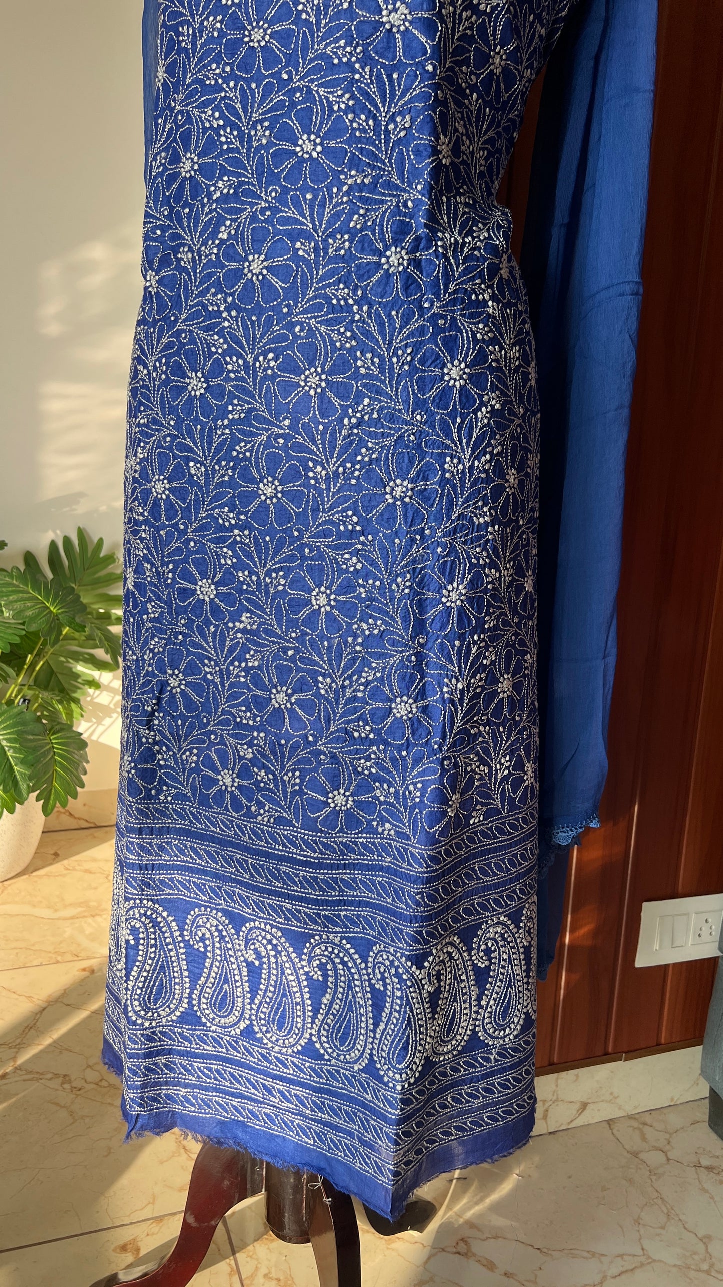 Tussar silk Chikankari embroidered kurta with chiffon dupatta