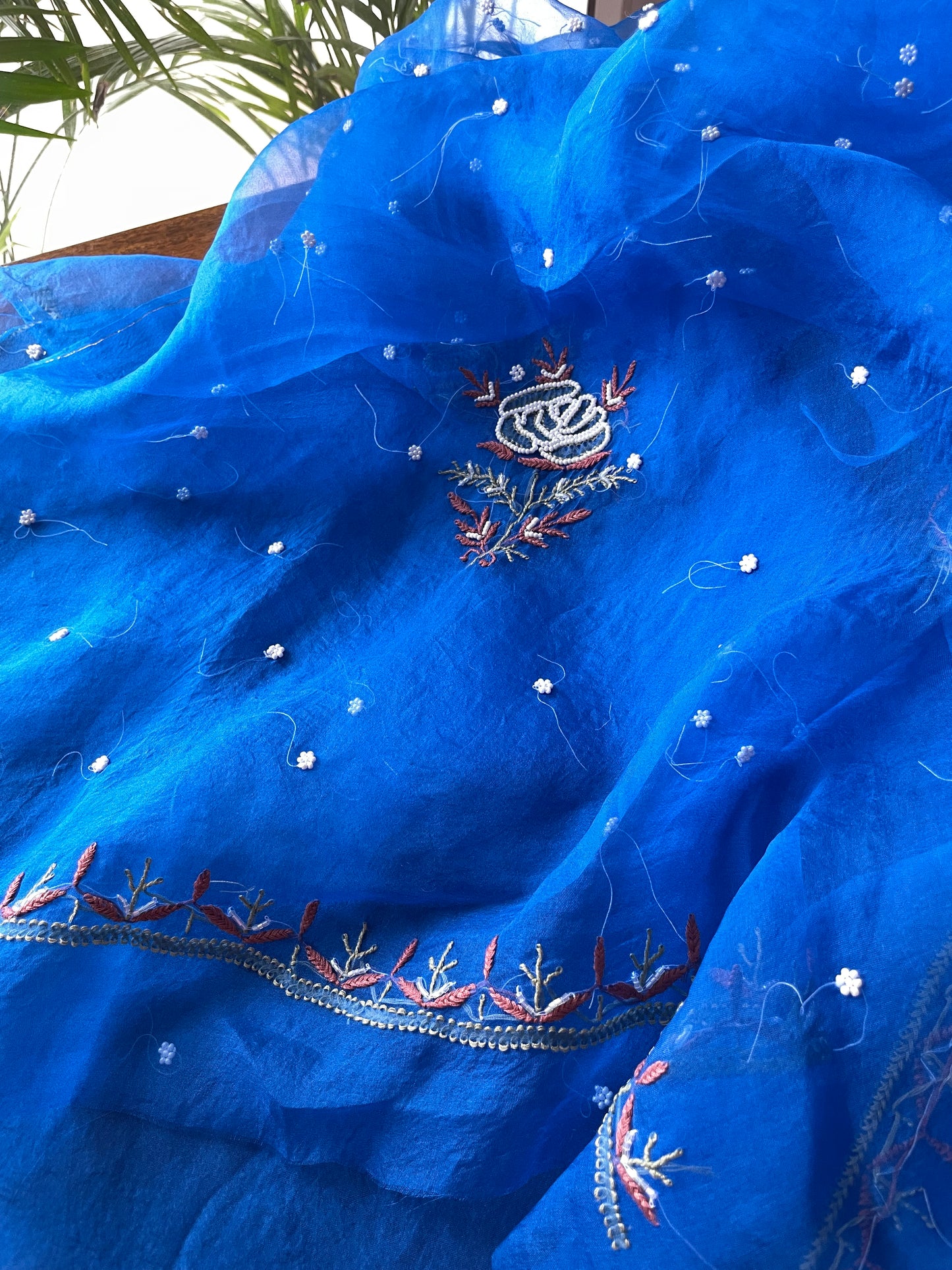 Royal Blue Chikankari pearl sequins pure Organza kurta with dupatta