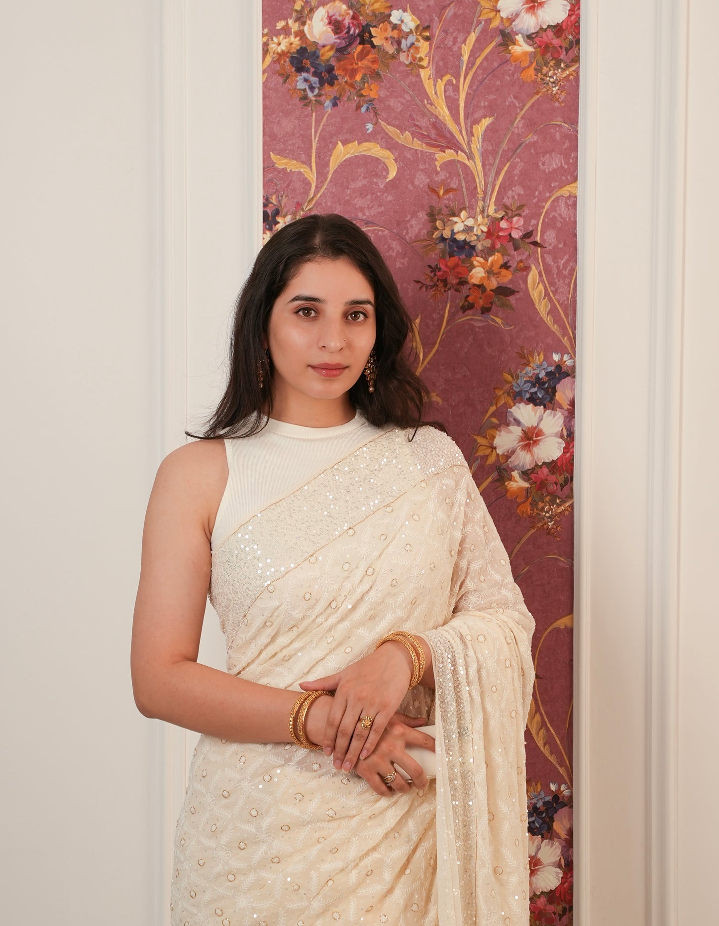 Suhaan Ivory Teen Taar Chikankari Heirloom Saree