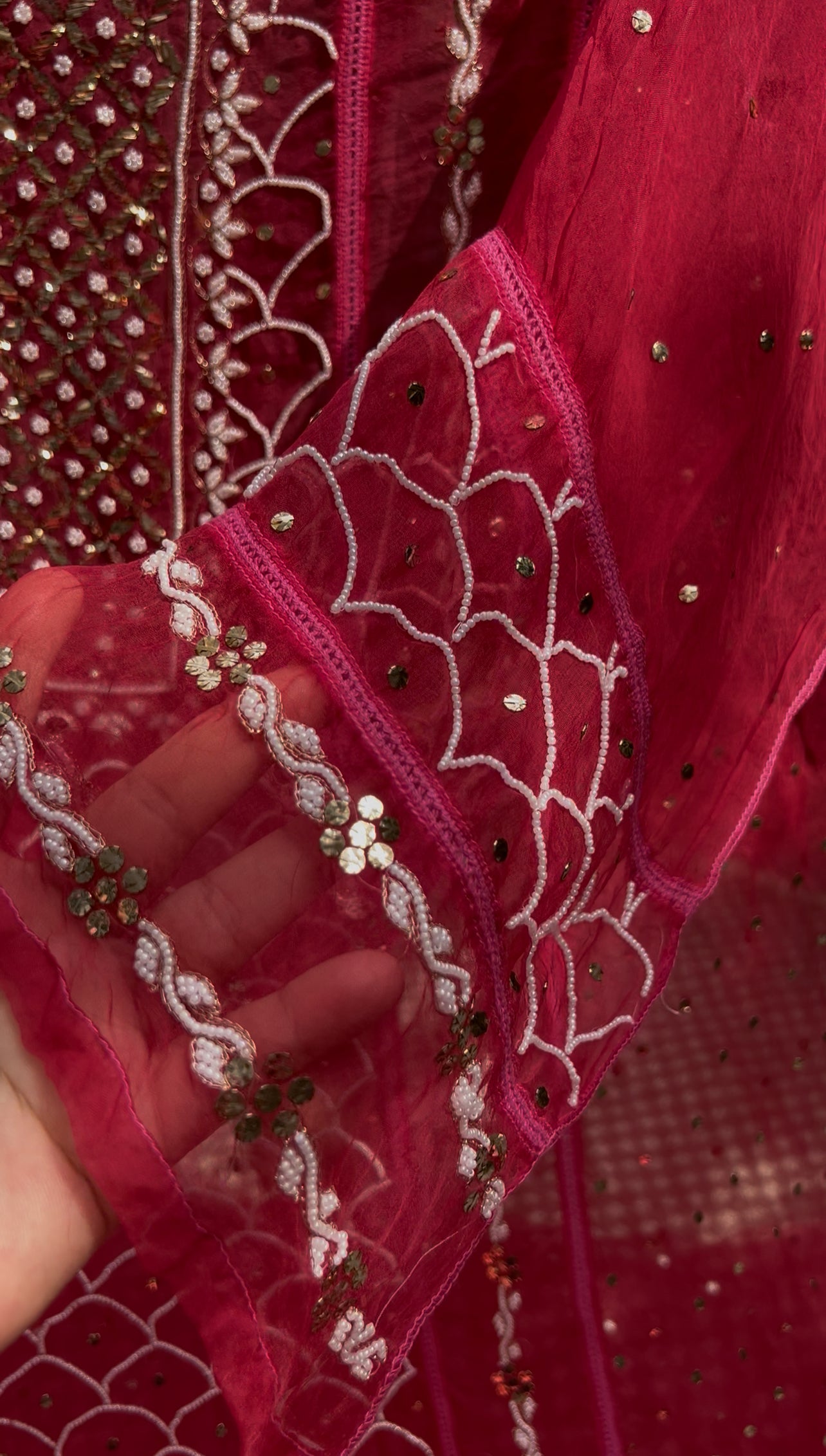 Fuchsia Pink Mukaish Pearl work Pure Organza kurta with dupatta