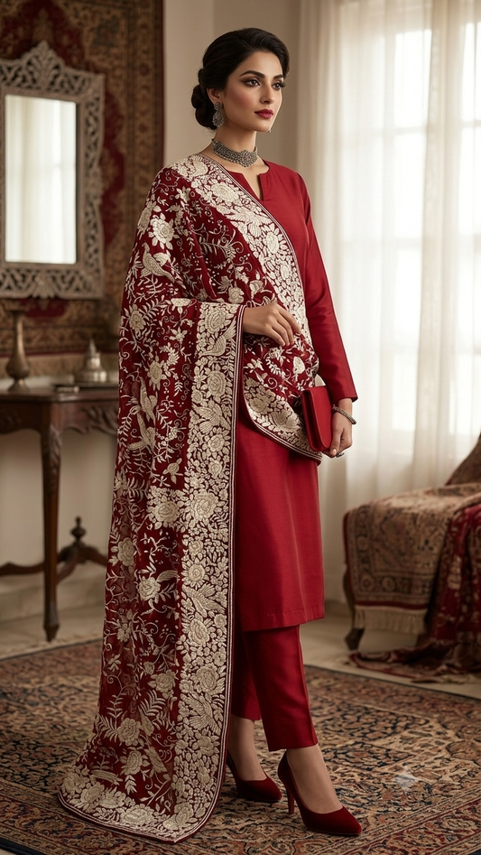 Ruby Red Masterpiece Heavy Parsi Gara Hand Embroidered Dupatta