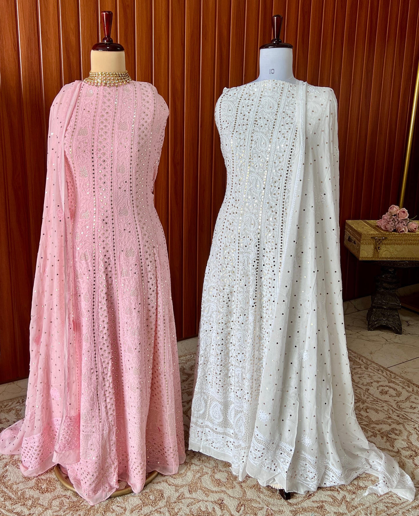 White allover Chikankari and mukaish anarkali with dupatta
