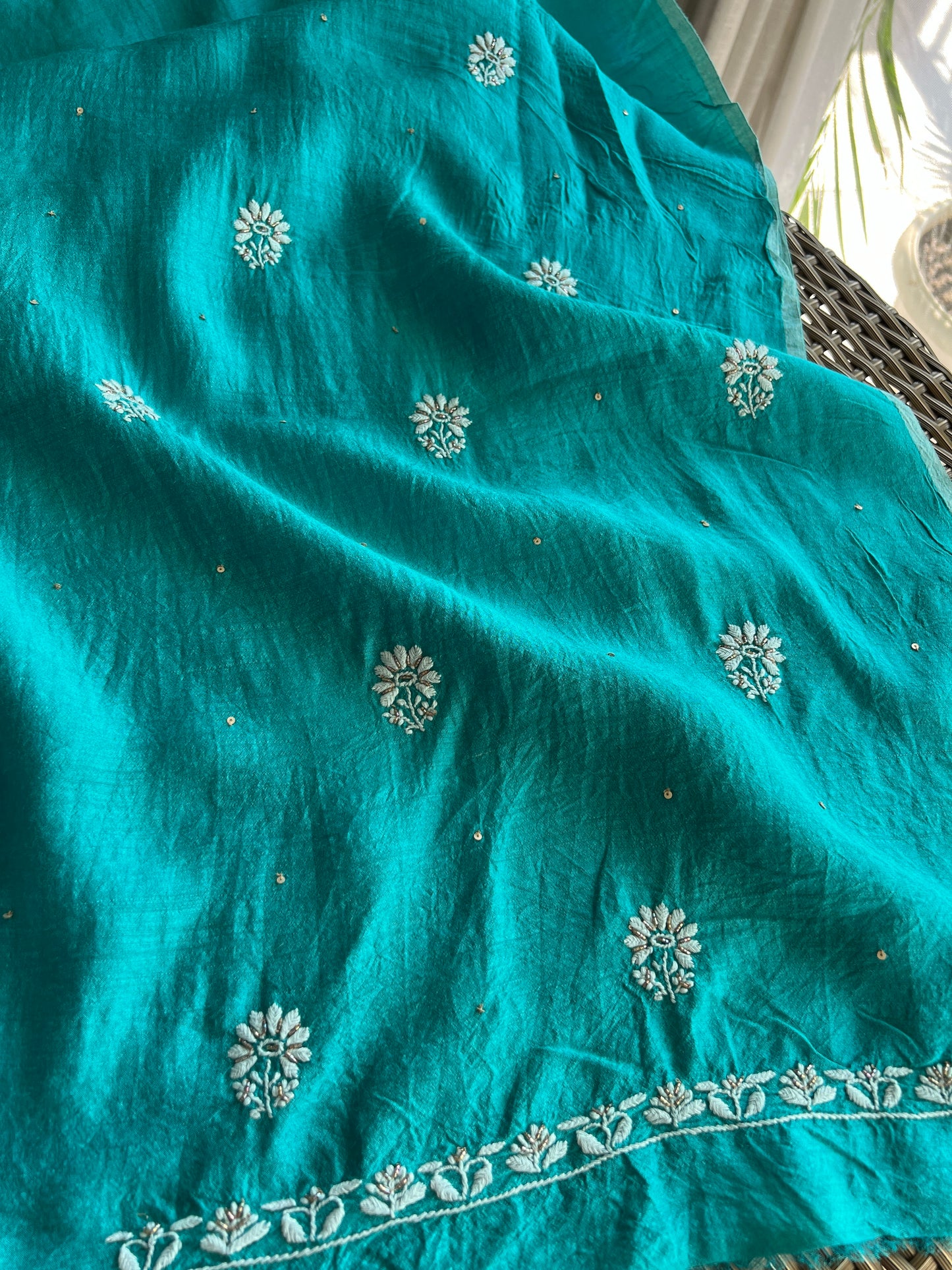 Moonga Silk Chikankari golden cut dana sequins kurta and dupatta