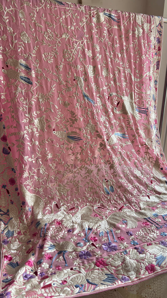 Pink Parsi Gara Hand Embroidered Dupatta