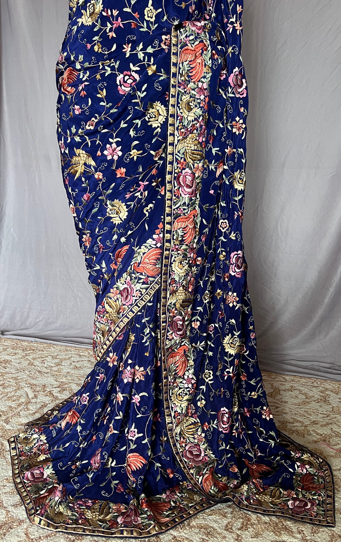 Navy Blue Masterpiece Parsi Gara Pure Crepe Saree