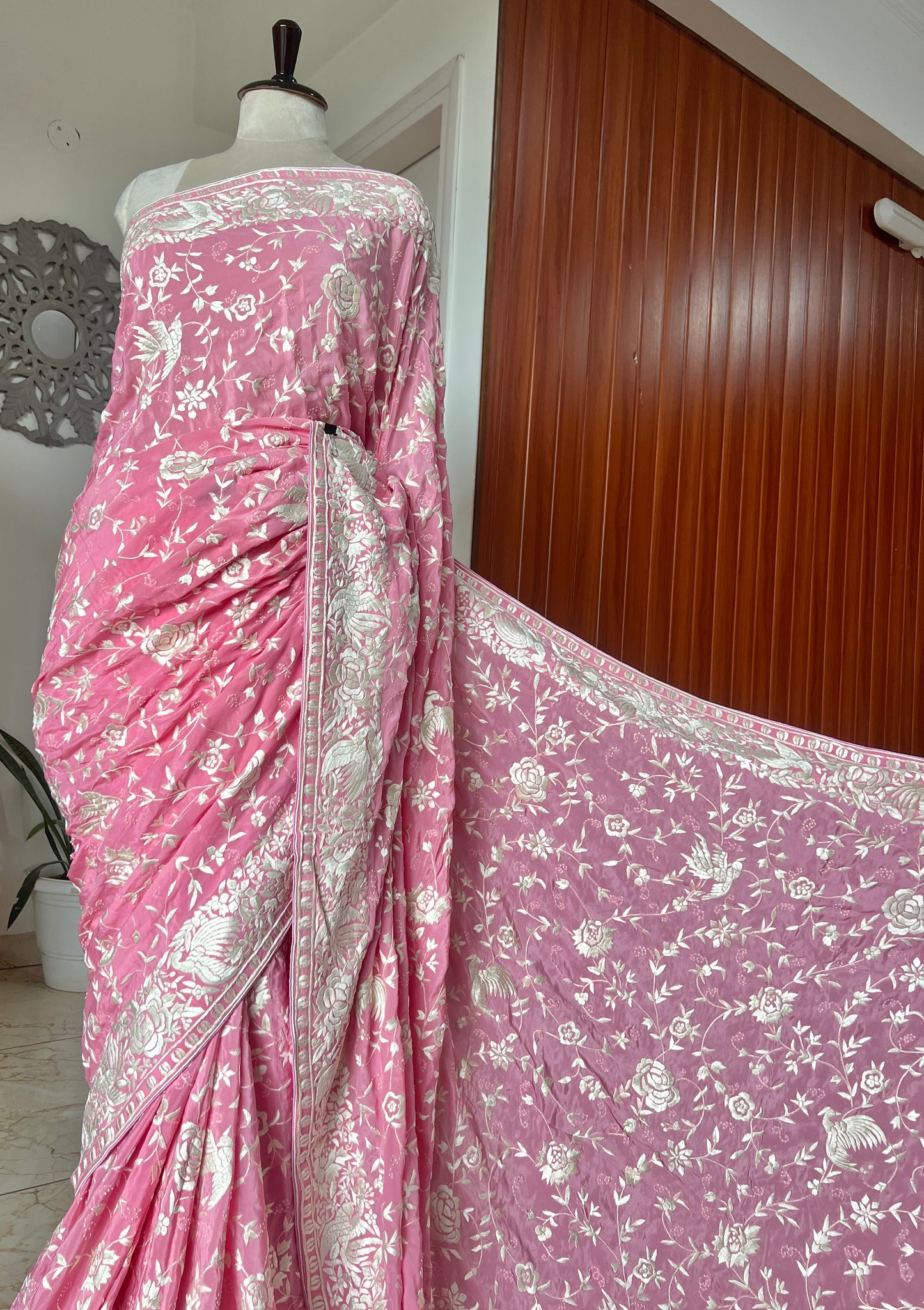 Pink Masterpiece Parsi Gara Pure Crepe Saree
