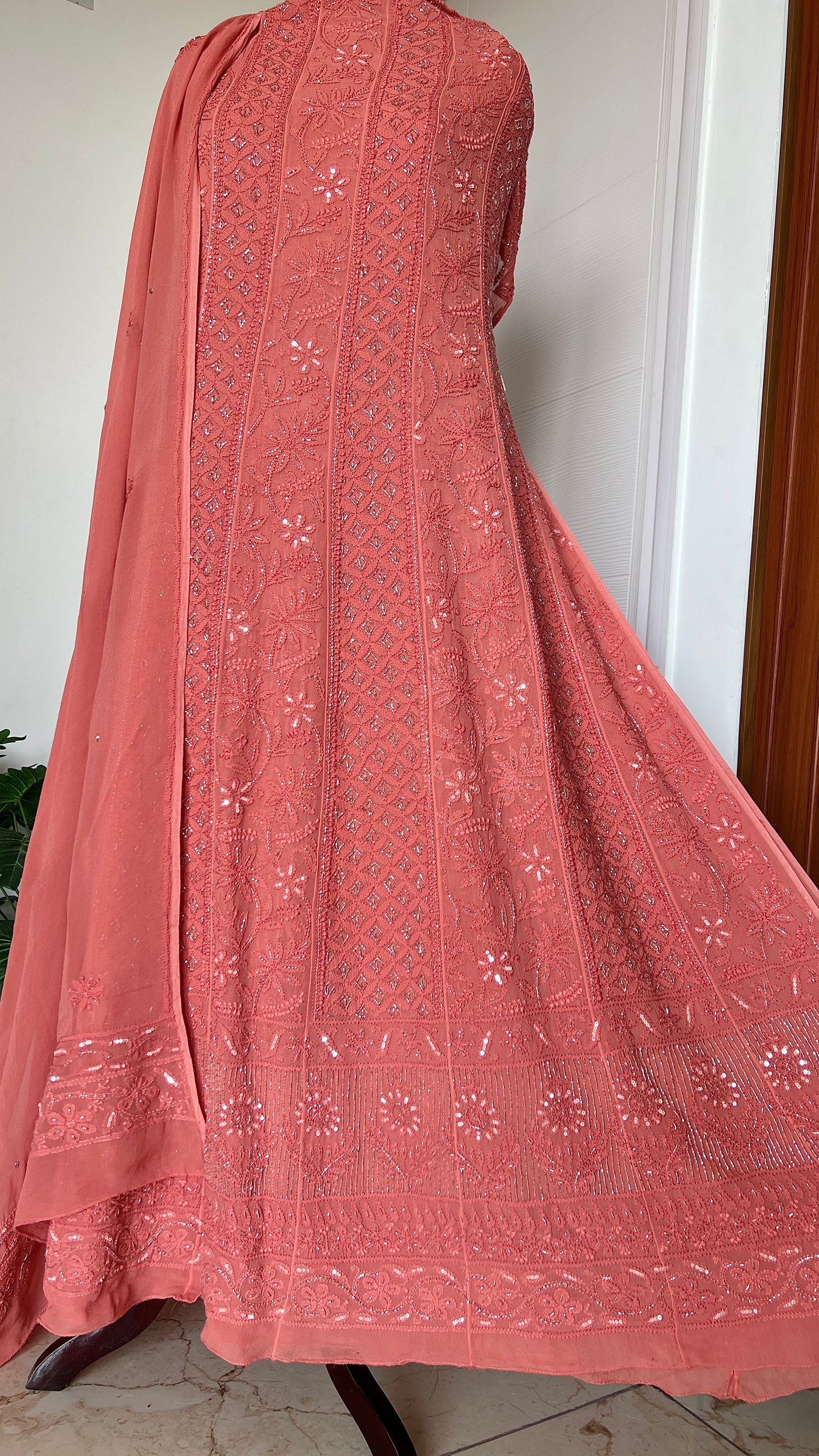 Gajri Chikankari Cut Dana and sequins Anarkali with Dupatta