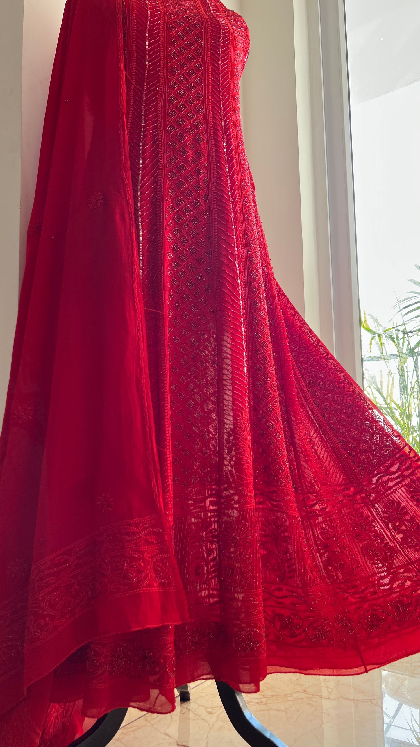 Red Chikankari Cut Dana and sequins Anarkali with Dupatta