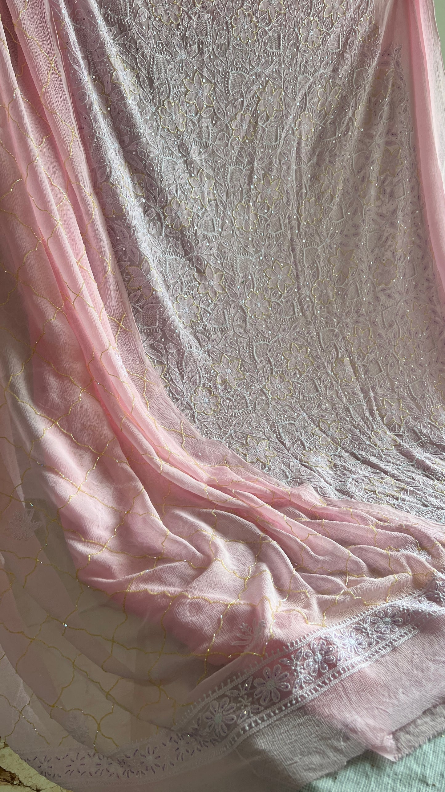 Ruhani Pink pure chiffon Chikankari cut dana and sequins kurta and dupatta