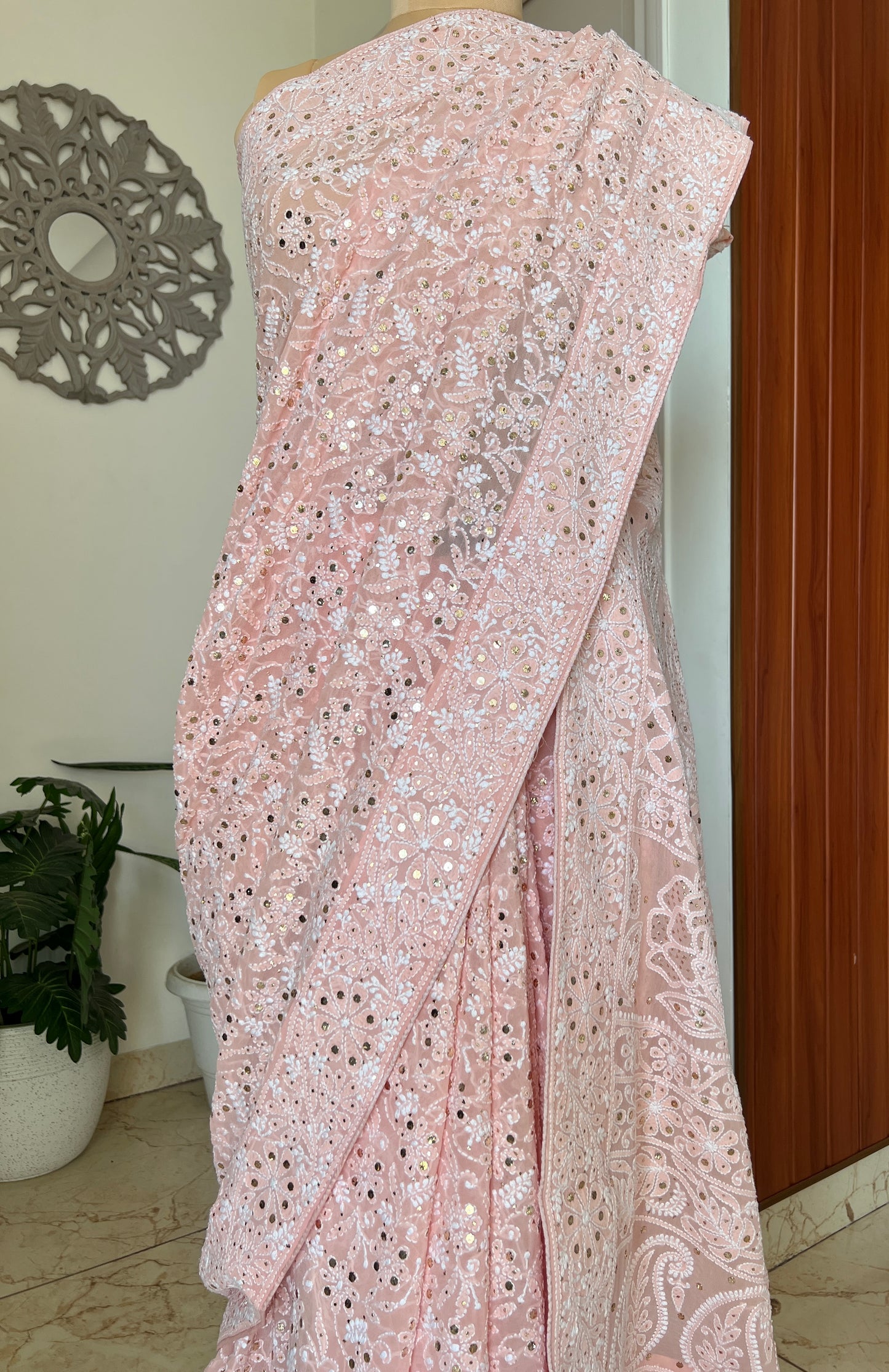 Ruhani Peachish Pink Allover Fine Chikankari and Mukaish Saree
