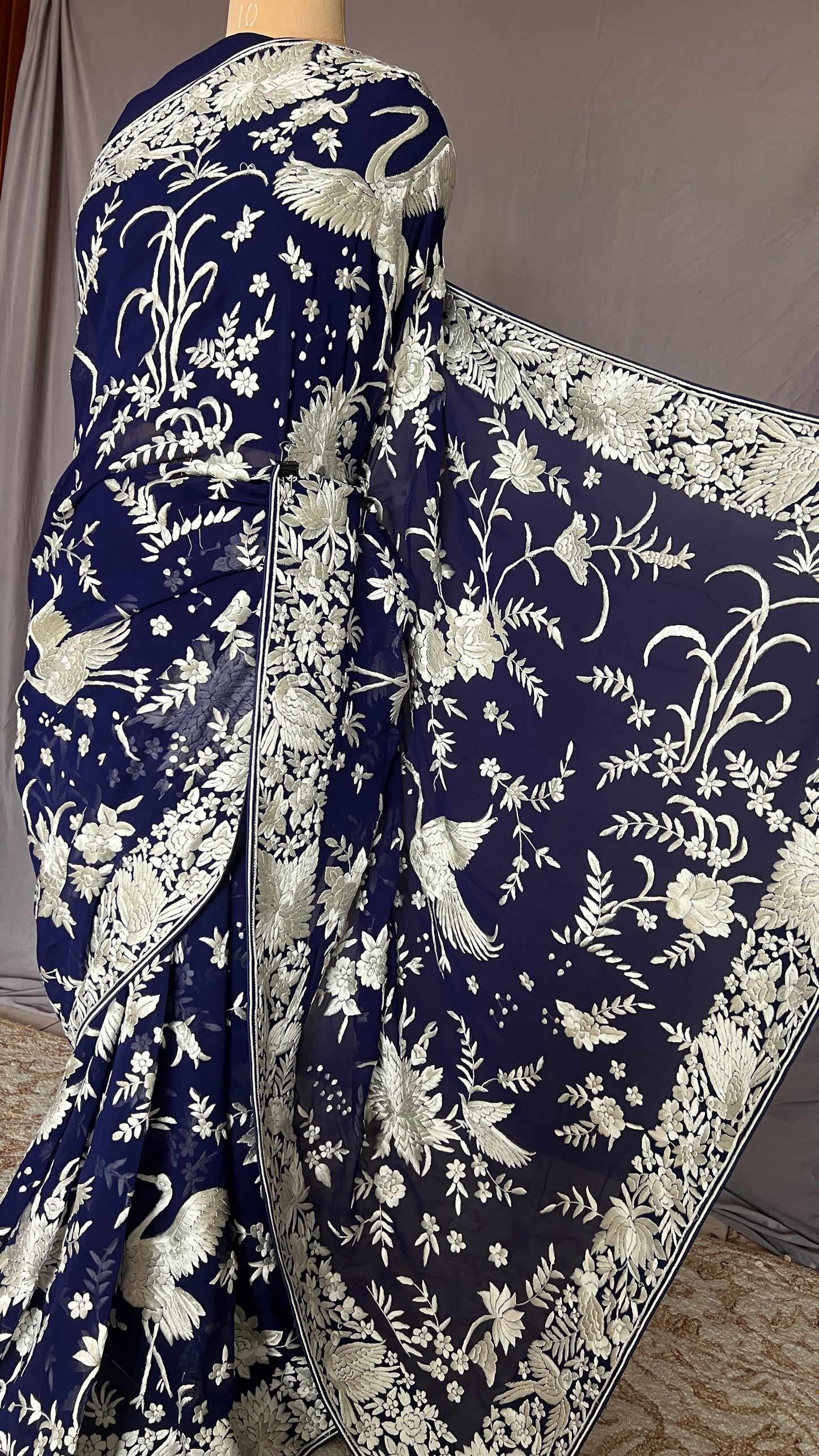 Navy Blue Masterpiece Parsi Gara Pure Georgette Saree