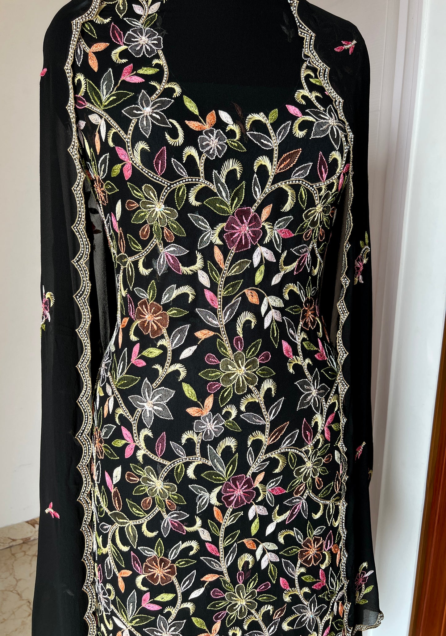Black Resham Chikankari Parsi Gara and pearl work suit
