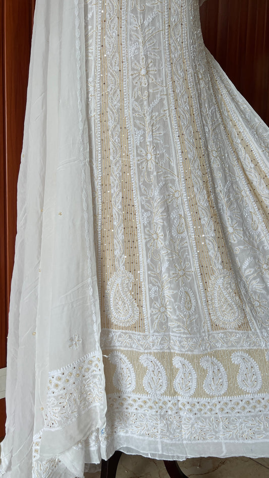 White Chikankari Sequins Cut Dana Anarkali with Dupatta
