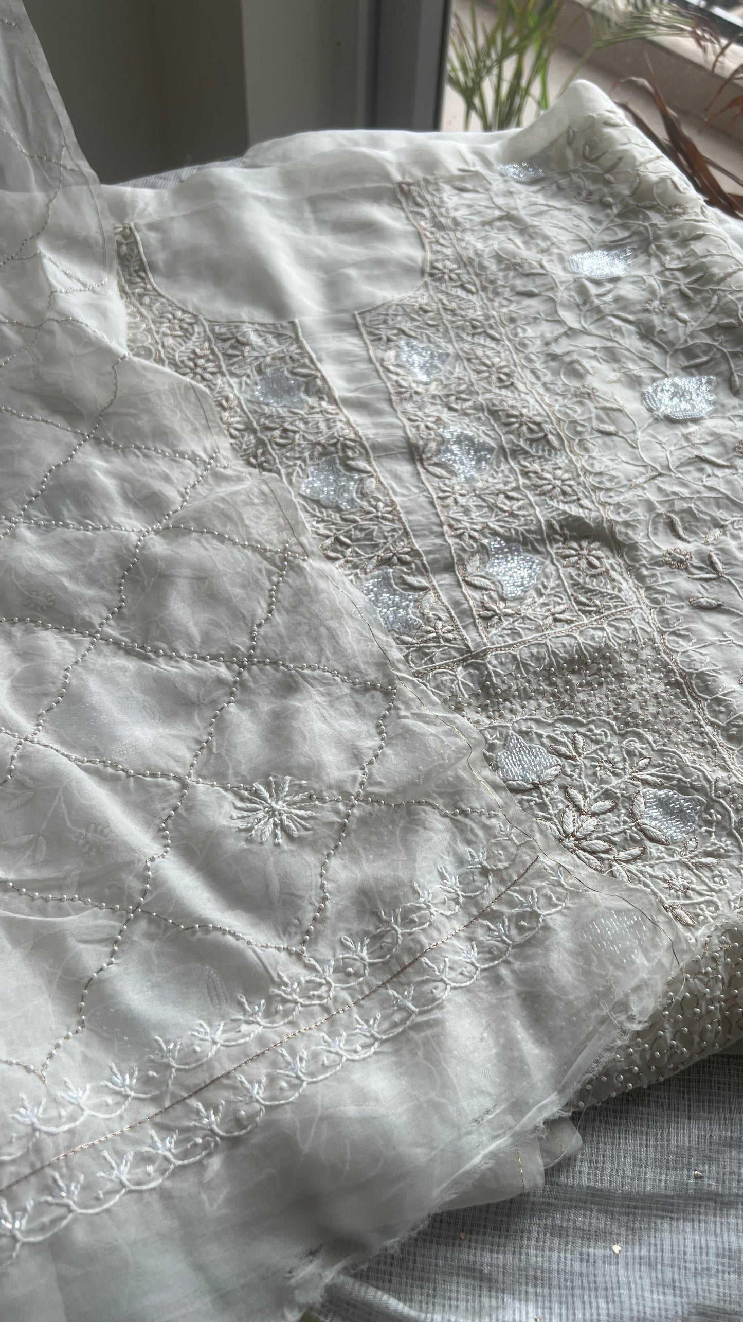 Ruhani Ivory masterpiece Chikankari pure Organza kurta with dupatta