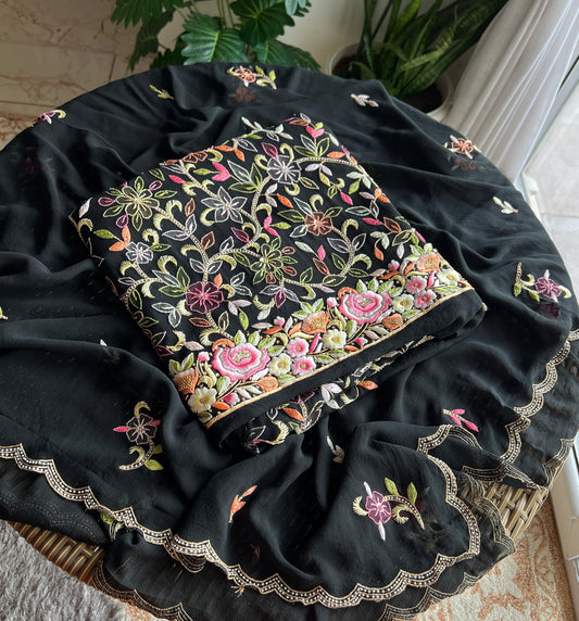 Black Resham Chikankari Parsi Gara and pearl work suit