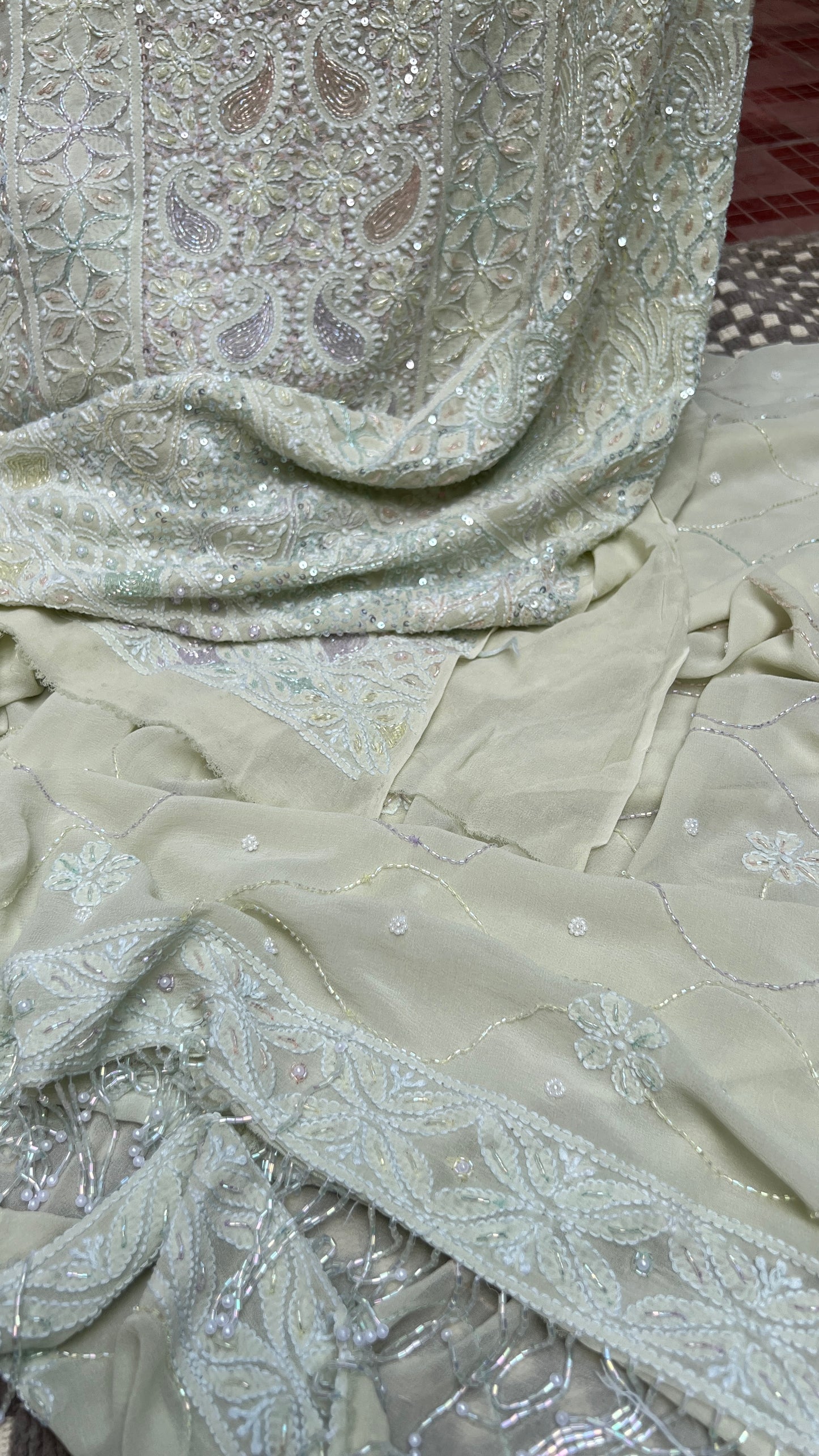 Pastel pista green multi cut dana sequins kurta and dupatta