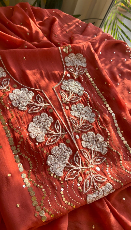Rust mukaish and pearl work Kurta and Dupatta