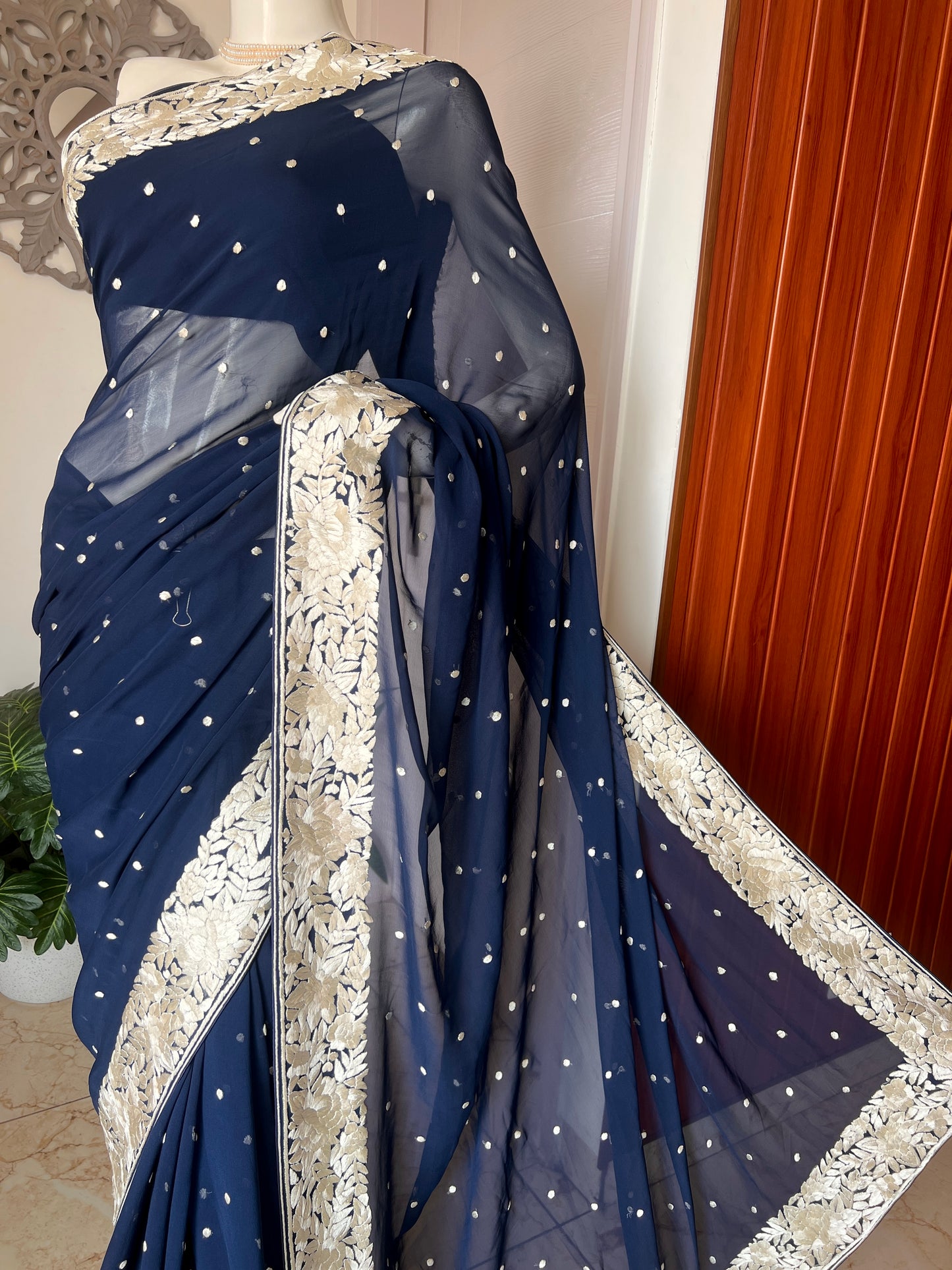 Navy Blue Pure Georgette Parsi Gara Hand Embroidered Saree