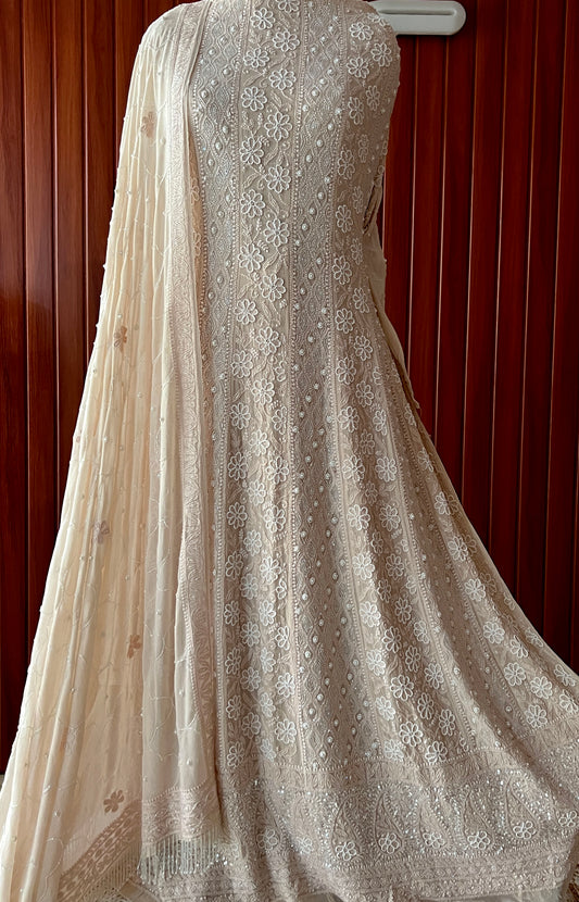 Beige fine Chikankari Pearl Sequins and Cut Dana Anarkali