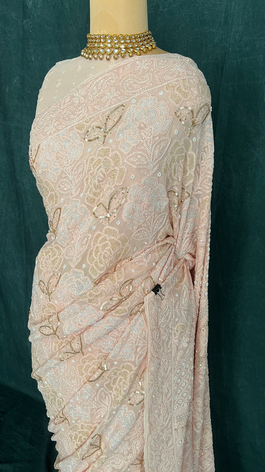 Ruhani Old Rose Chikankari Cut Dana and Sequins Saree