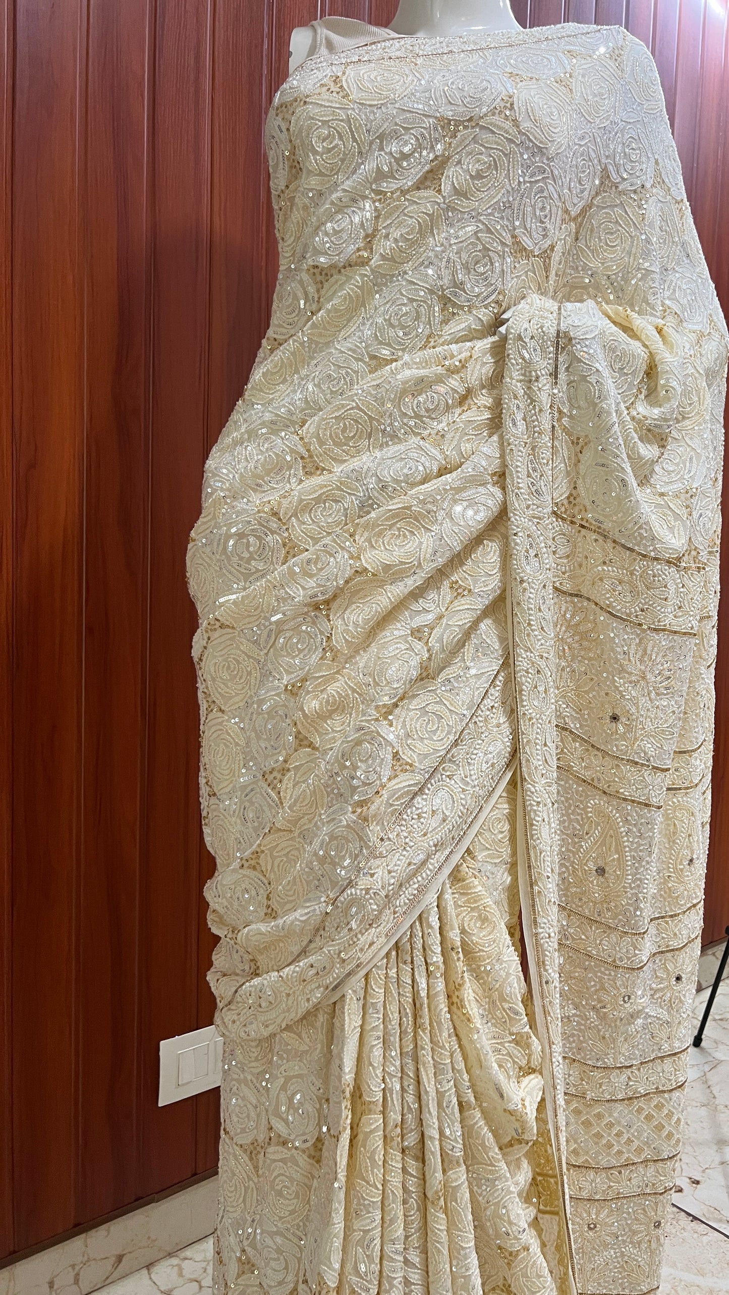 Ruhani Ivory Chikankari Sequins Cut Dana Embroidered Masterpiece Saree