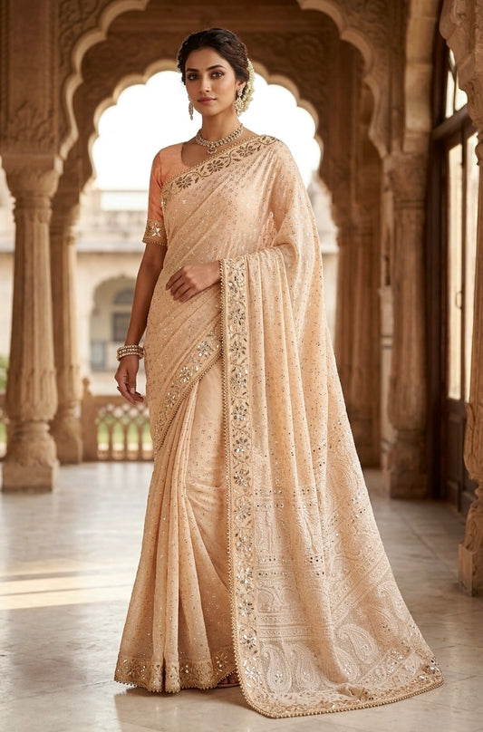 Ruhani Golden Beige Badla Mukaish and chikankari Pure Georgette Saree