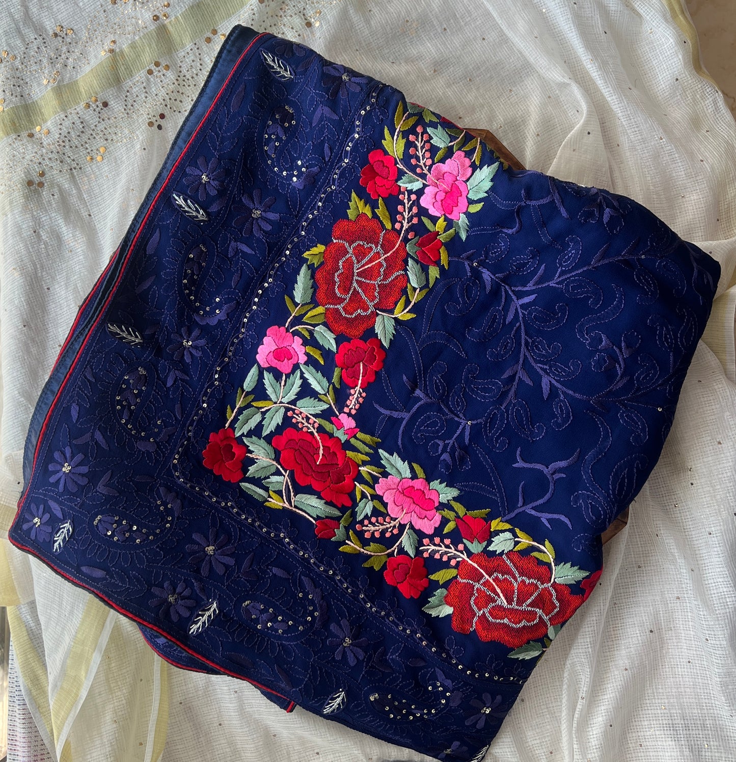 Navy Blue Pure Georgette saree with allover Parsi gara and french knot hand embroidery