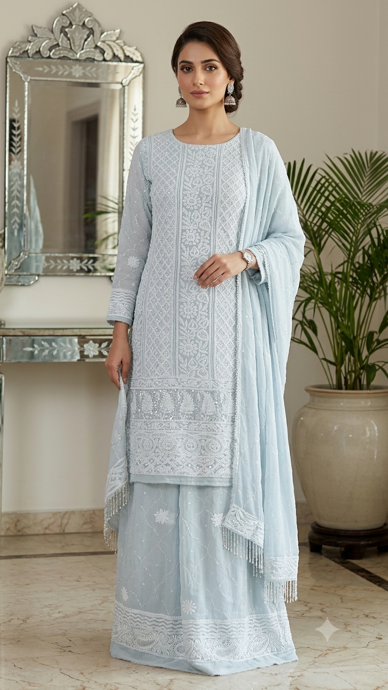 Sky Blue Chikankari cut dana and pearl work full suit