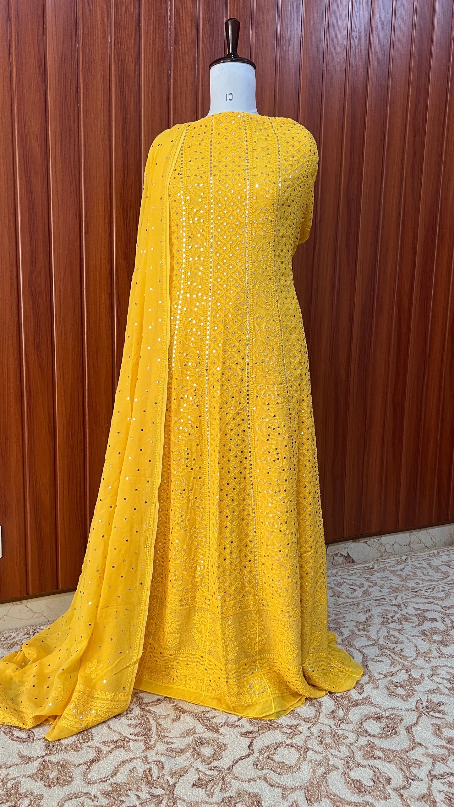 Yellow allover Chikankari and mukaish anarkali with dupatta