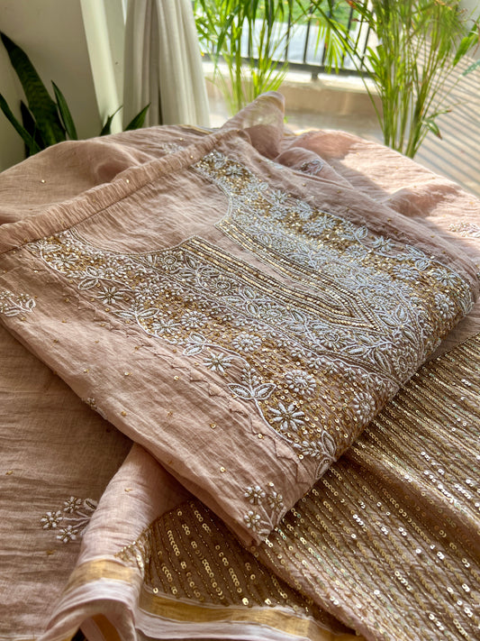 Tissue Silk Chikankari golden cut dana sequins kurta and dupatta