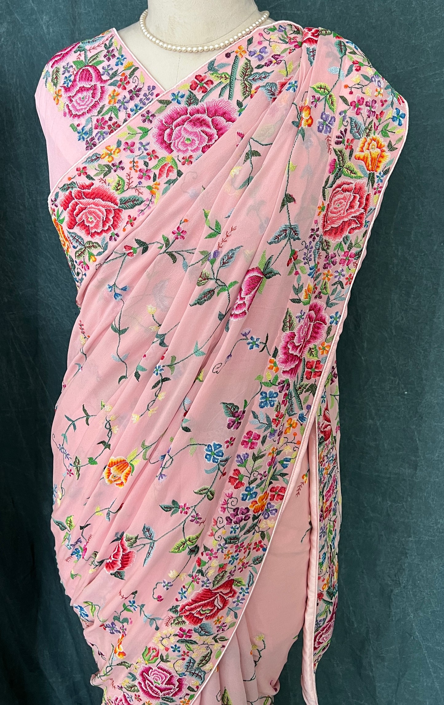 Blush Pink Masterpiece Petit Point Hand Embroidered Saree