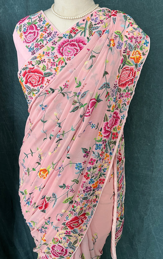 Blush Pink Masterpiece Petit Point Hand Embroidered Saree