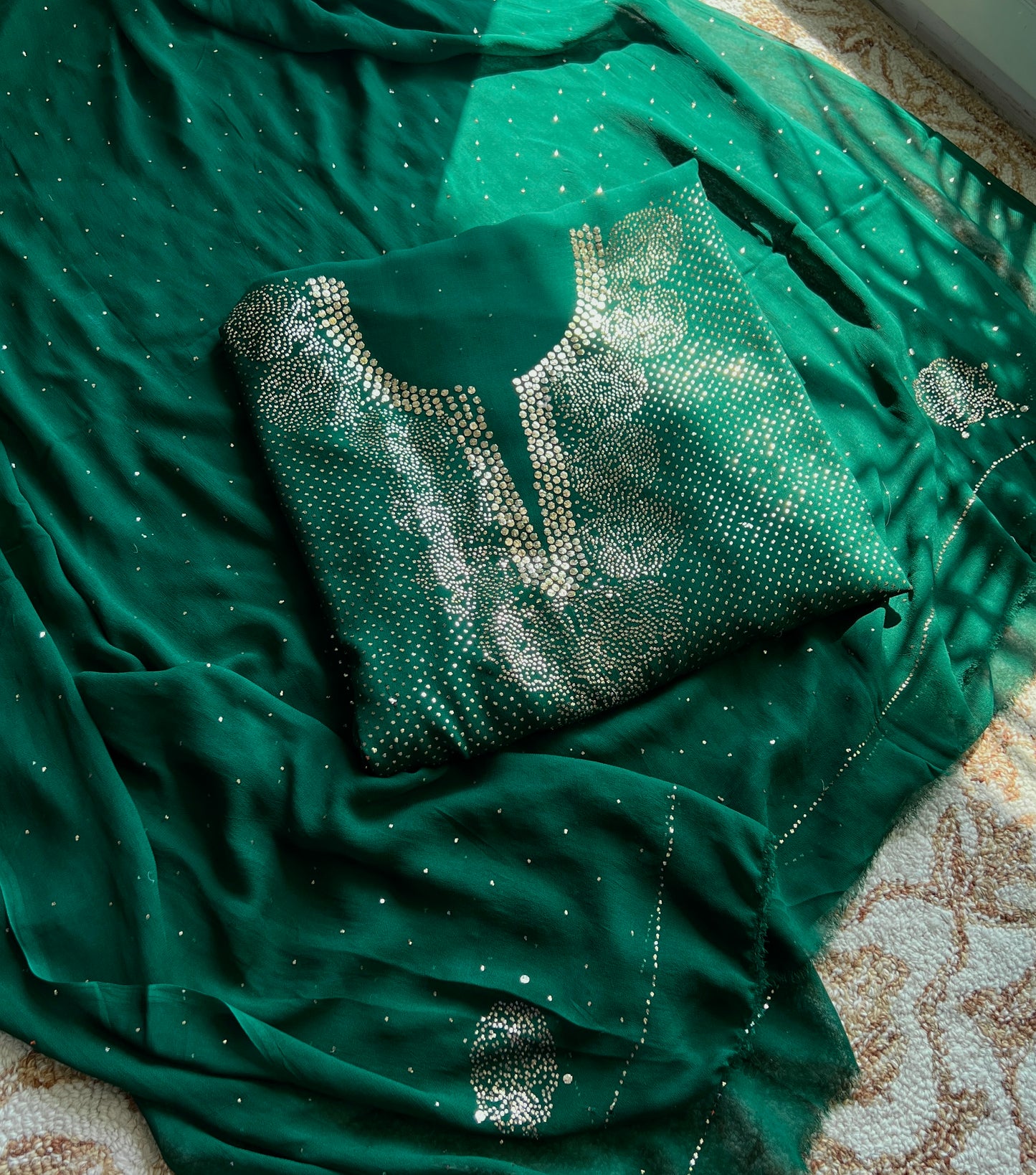 Bottle green bareek mukaish work Kurta and Dupatta