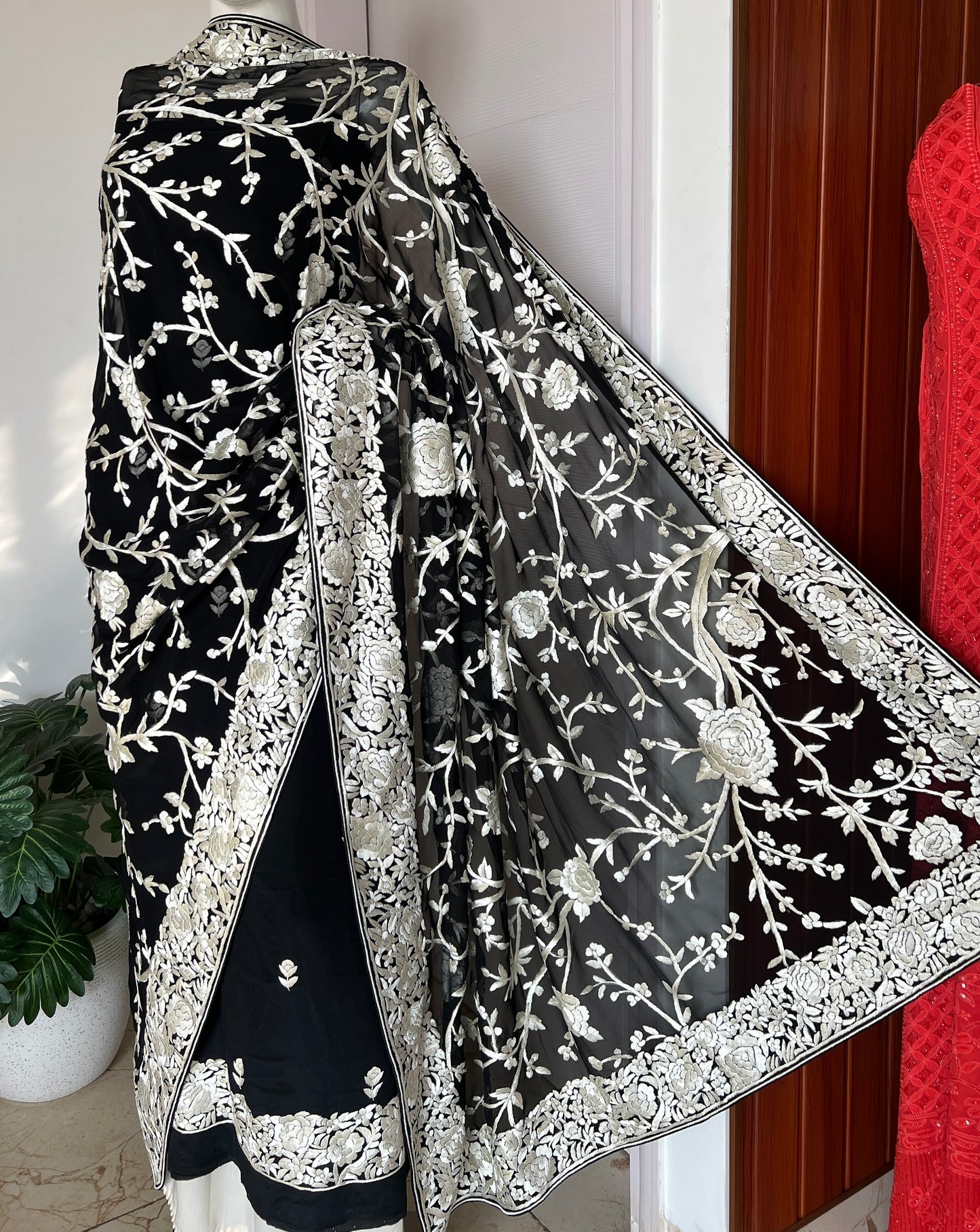 Black Masterpiece Hand Embroidered Parsi Gara jaal dupatta with kurta