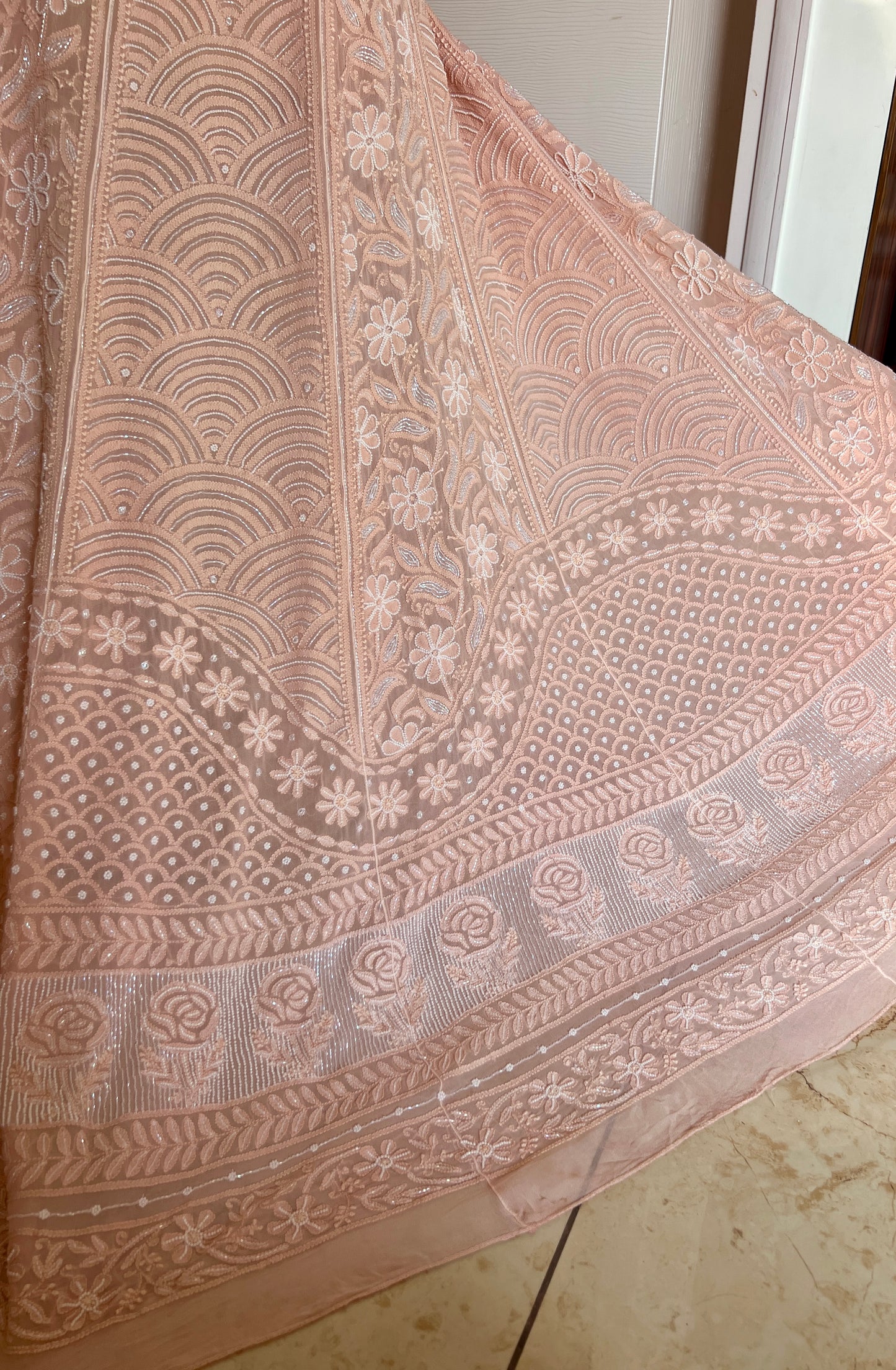Dusty peach Chikankari Cut Dana and Pearl Lehenga