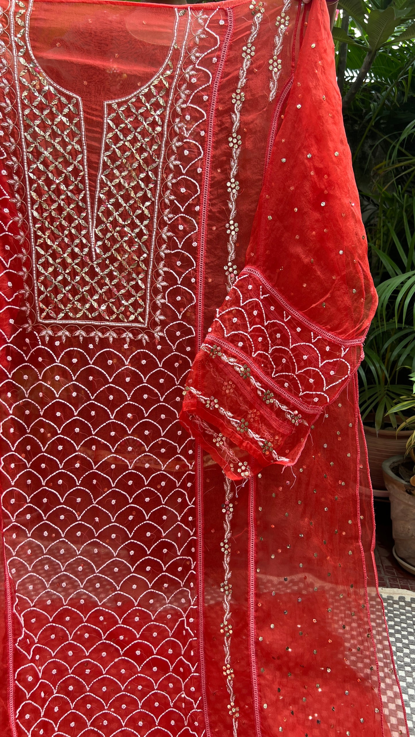 Rust Orange Mukaish Pearl work Pure Organza kurta with dupatta