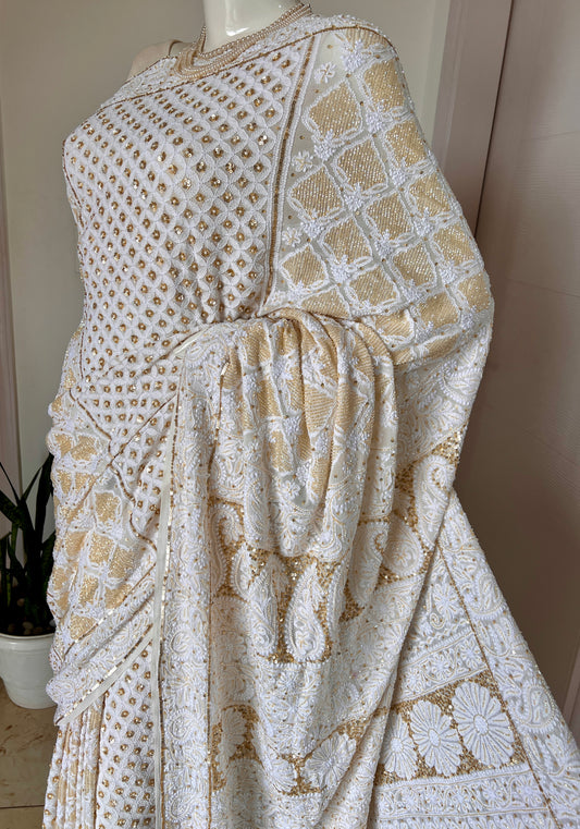Ruhani Off white Chikankari Sequins Cut Dana Pearl Embroidered Saree