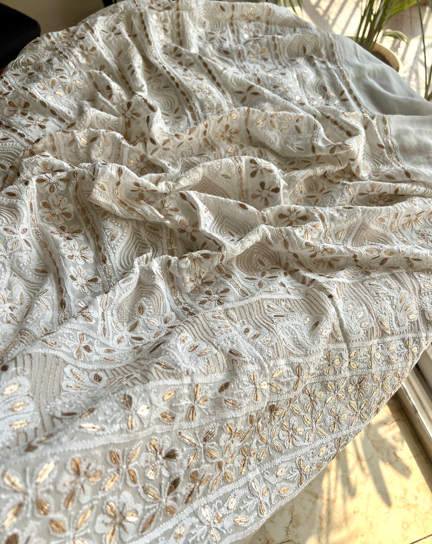 White Chikankari gota patti and pearl work kurta and Dupatta
