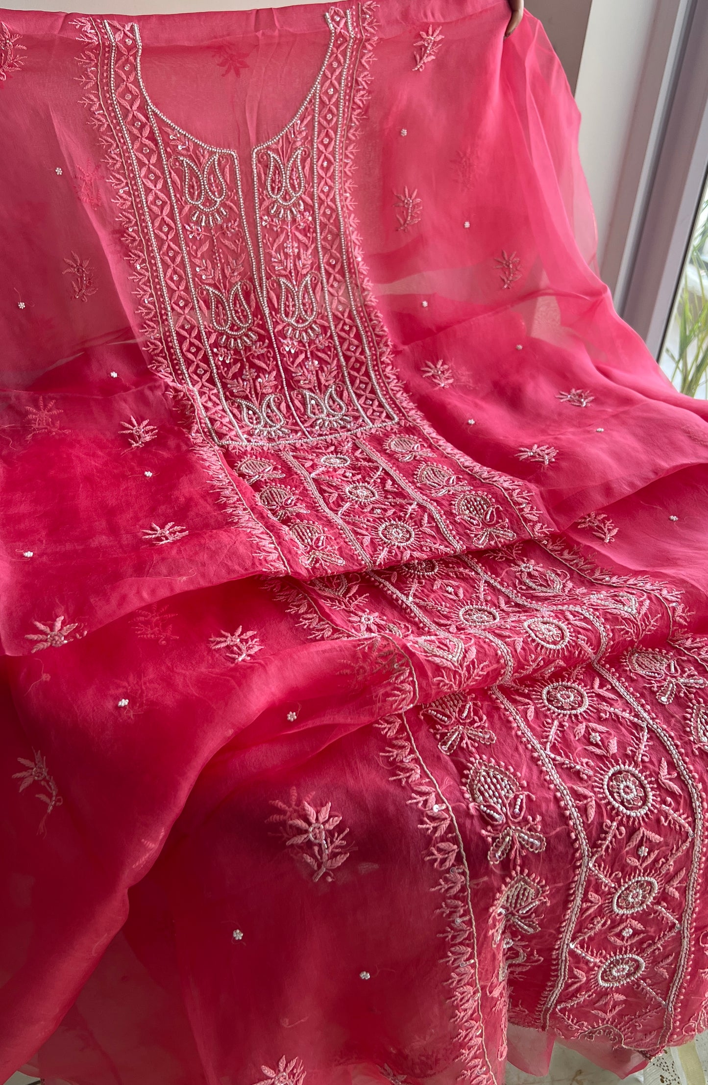 Gajri pink Chikankari pearl sequins pure Organza kurta with dupatta