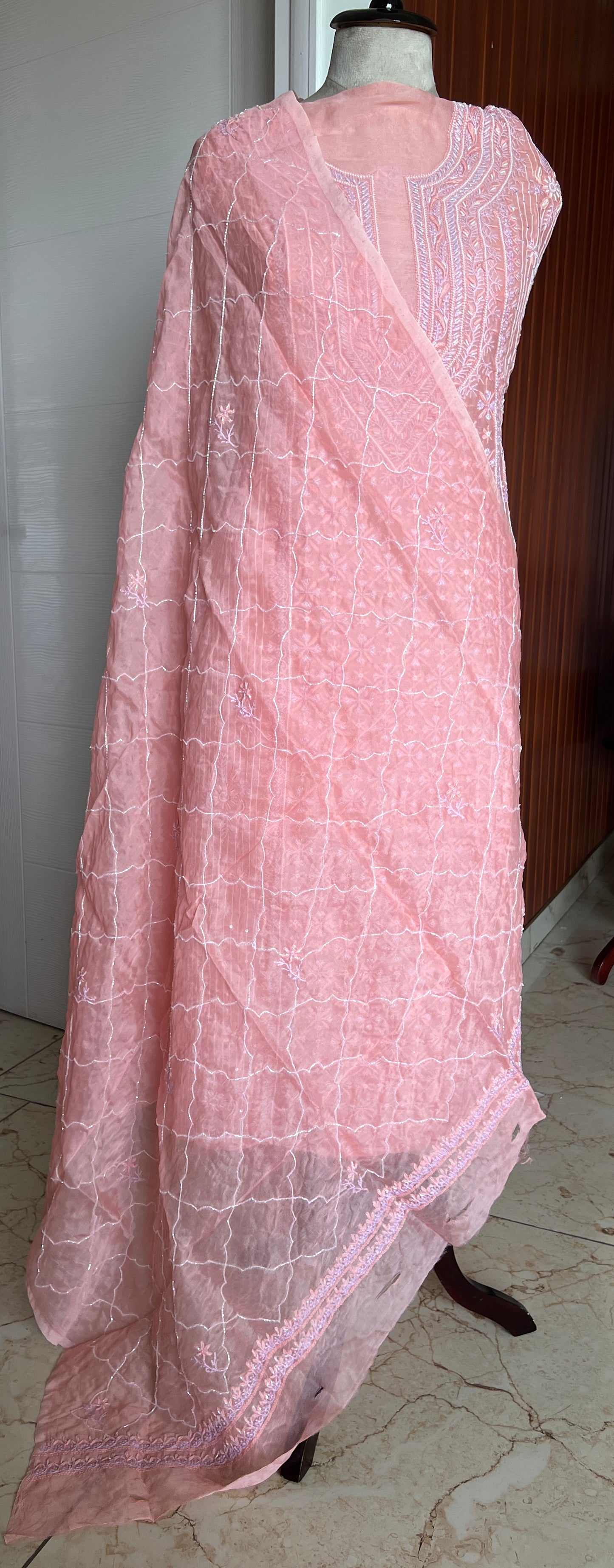 Ruhani Gajri Pink Chikankari & heavy Sequins pure Organza kurta with dupatta