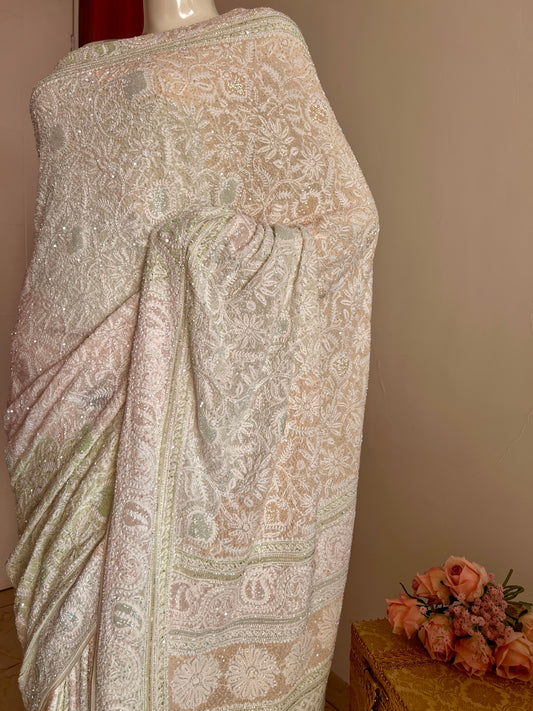Ruhani Ivory Chikankari Multi Cut Dana and Sequins Saree