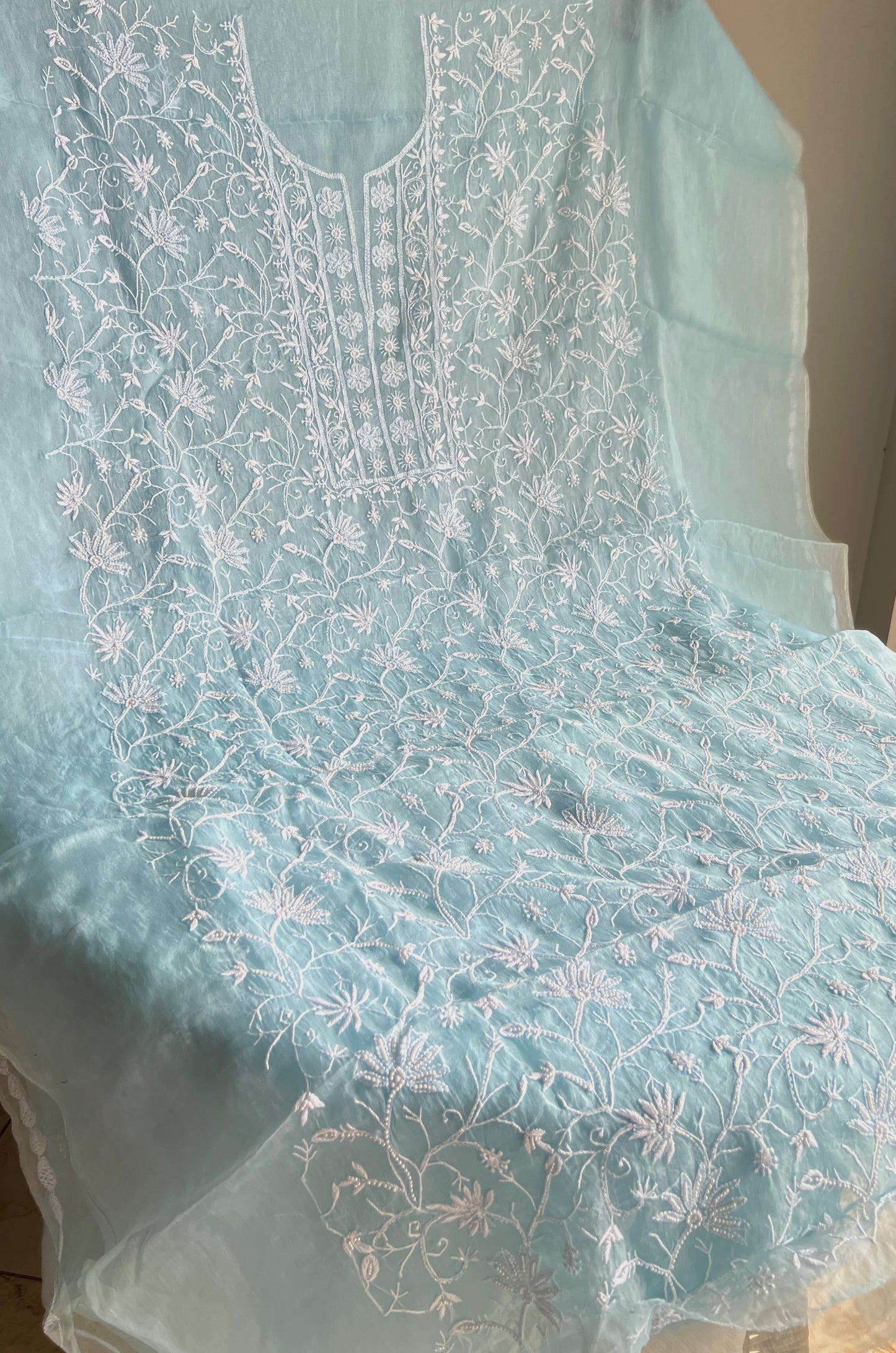 Sky blue chikankari pearl cut Dana work pure Organza kurta with dupatta