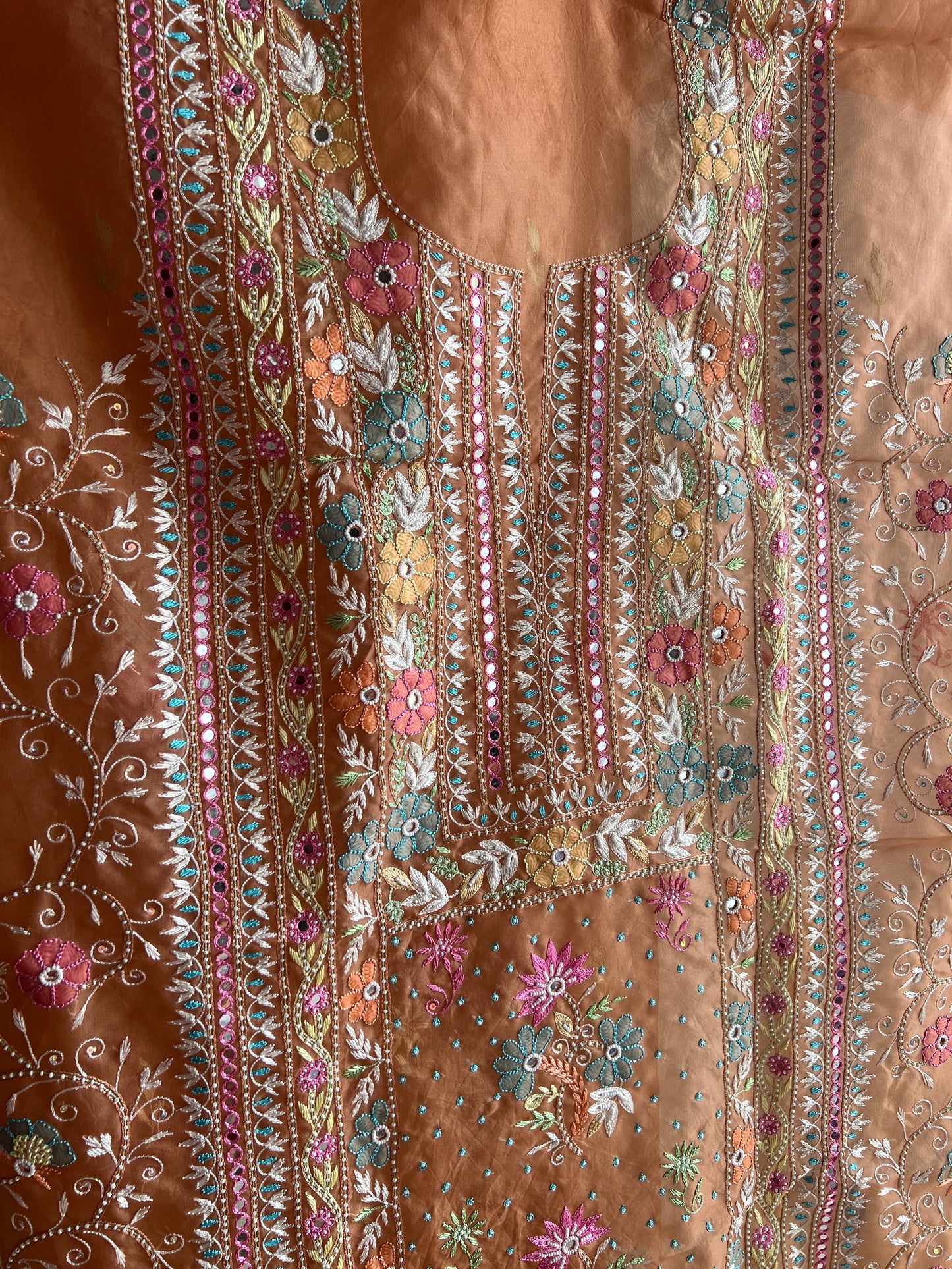 Ruhani Orange fine Chikankari pure Organza kurta with dupatta
